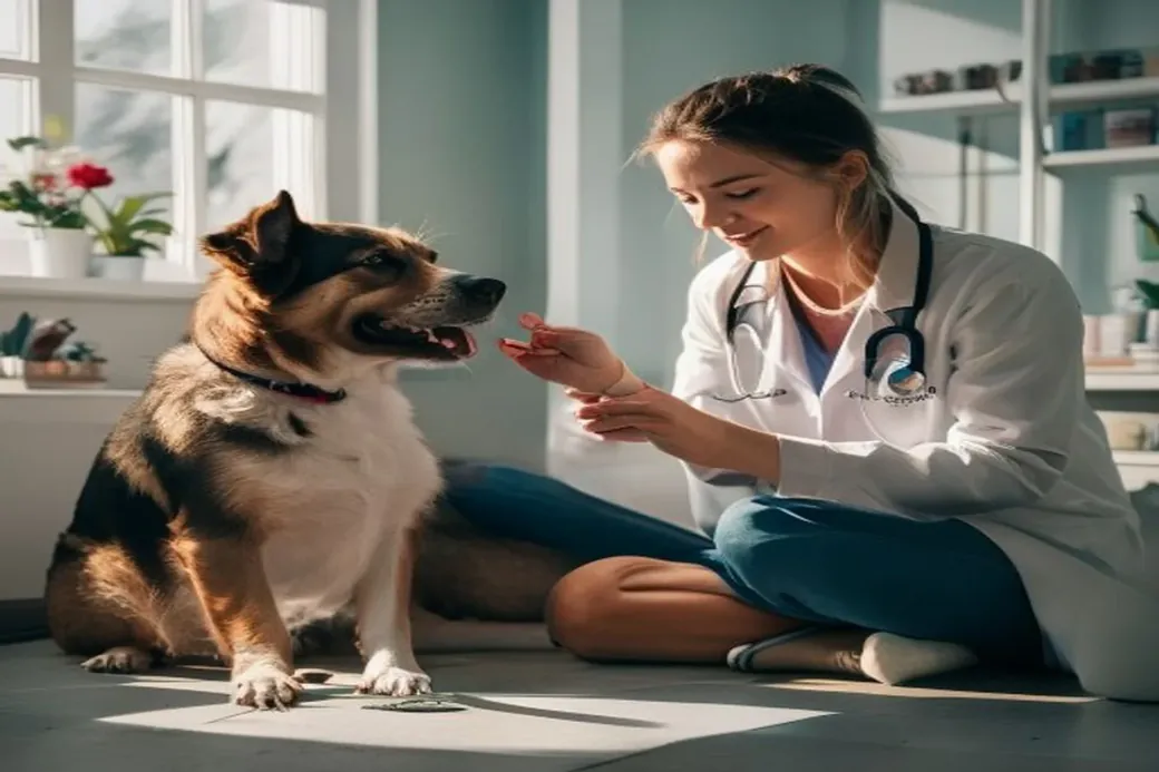 Vet examining a calm healthy dog at a routine checkup, preventive care setting