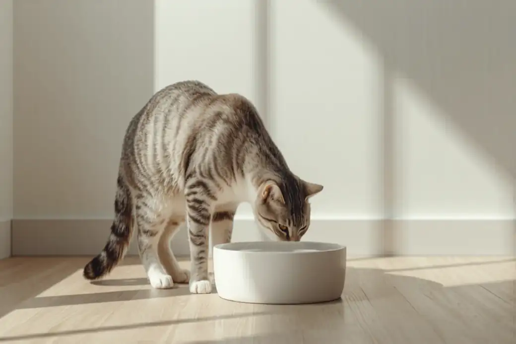 A cat drinking from a sleek pet water fountain on a light wooden floor in a bright minimal apartment, natural light