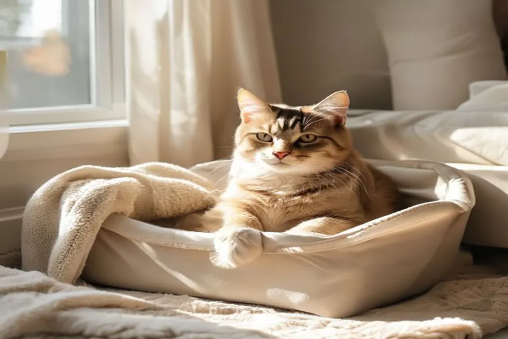 A relaxed cat sitting calmly inside an open soft-sided pet carrier with a cozy blanket at home