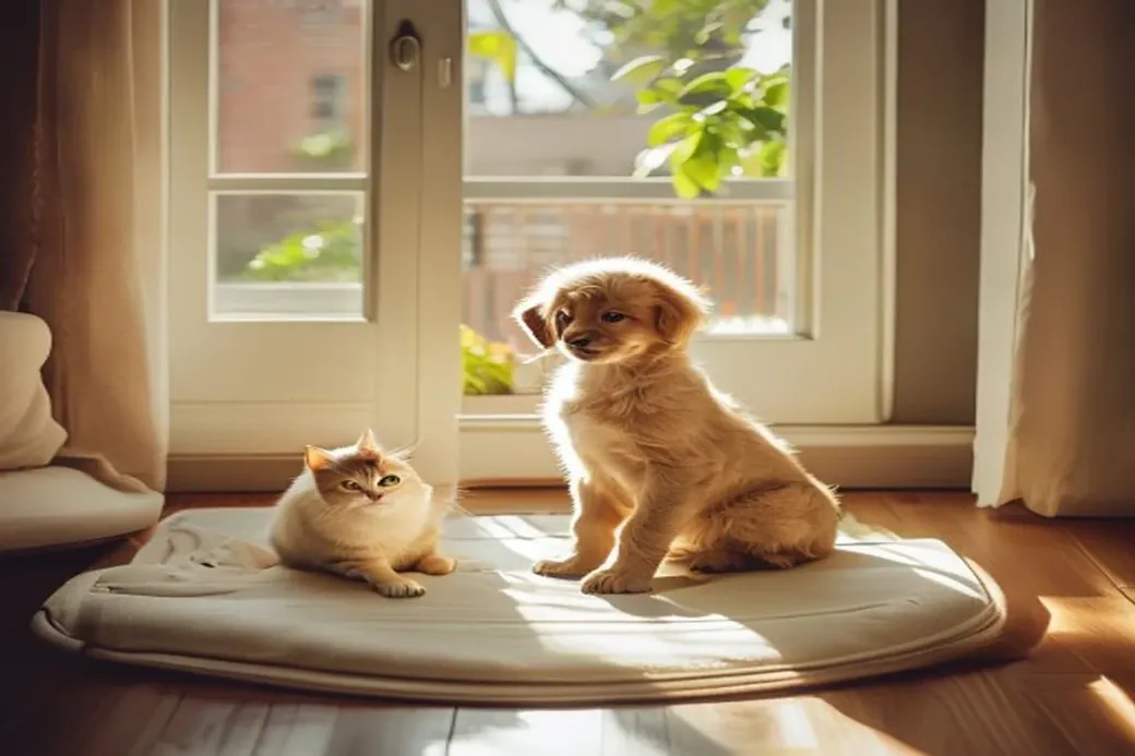 A small puppy sitting on a pee pad next to a sunny apartment doorway