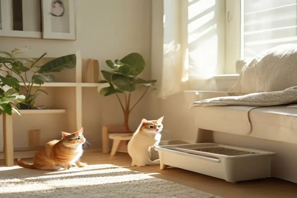 A clean litter box tucked beside a low console table in a cozy, compact apartment corner with a curious cat nearby.
