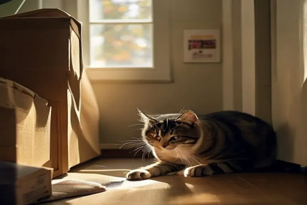 Tabby cat crouching near moving boxes in a new apartment