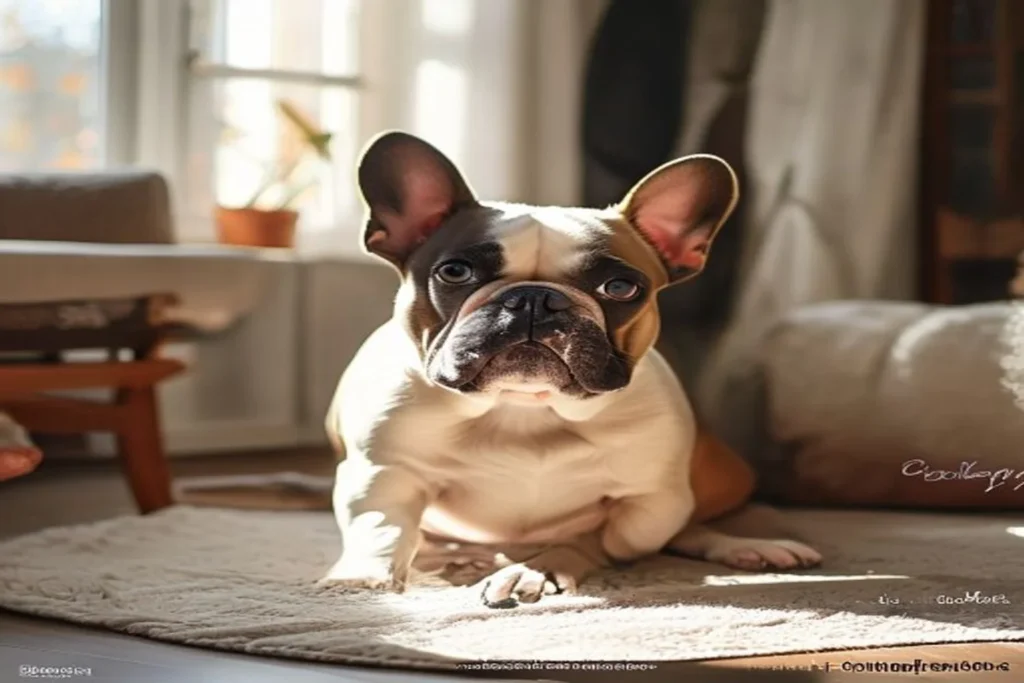 Small dog sitting contentedly in a bright apartment living room