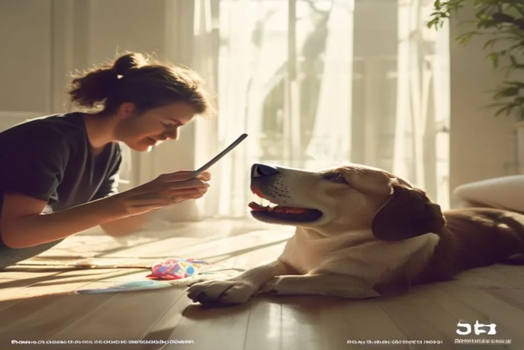 Person using finger brush to clean dog teeth, dog calm and cooperative