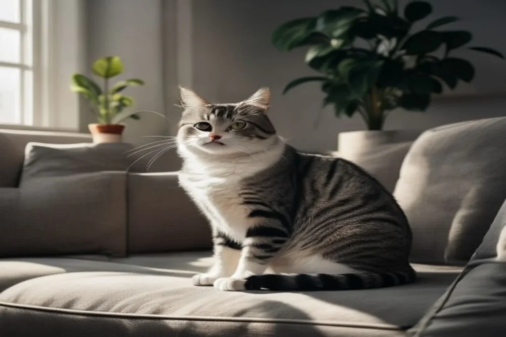 Cat showing various relaxed body language signals on apartment couch