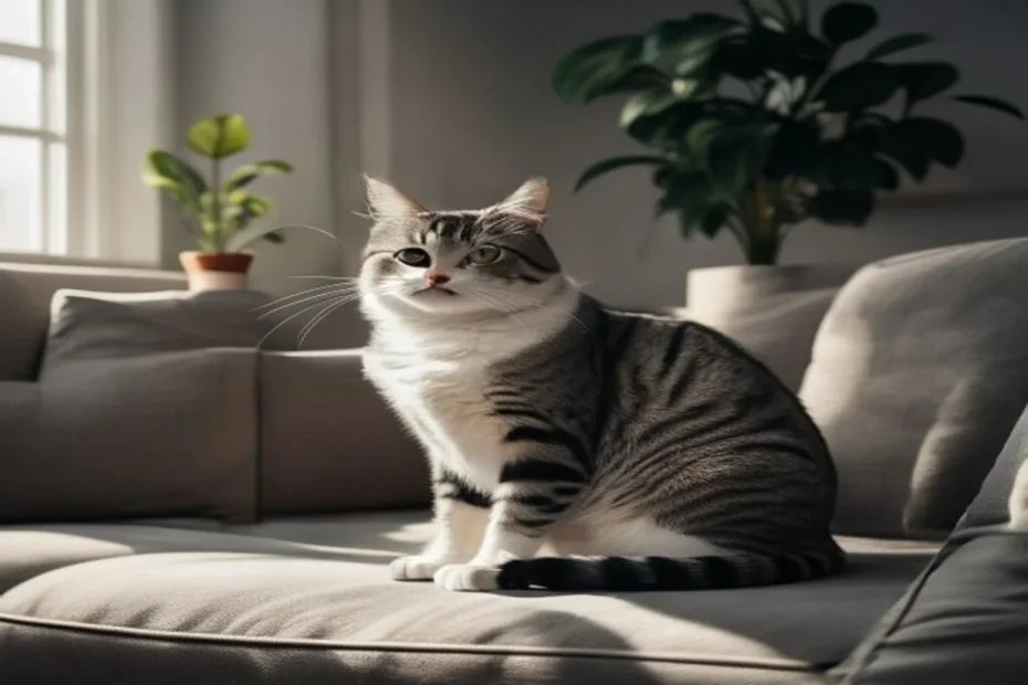 Cat showing various relaxed body language signals on apartment couch