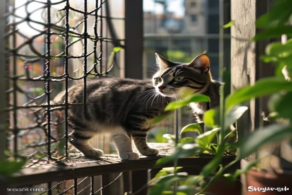 Cat safely exploring a plant-decorated apartment balcony with mesh safety netting