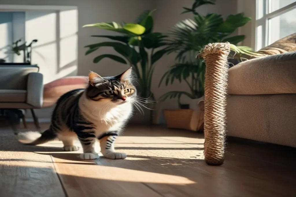 Cat using a sisal scratching post next to a couch in a bright apartment
