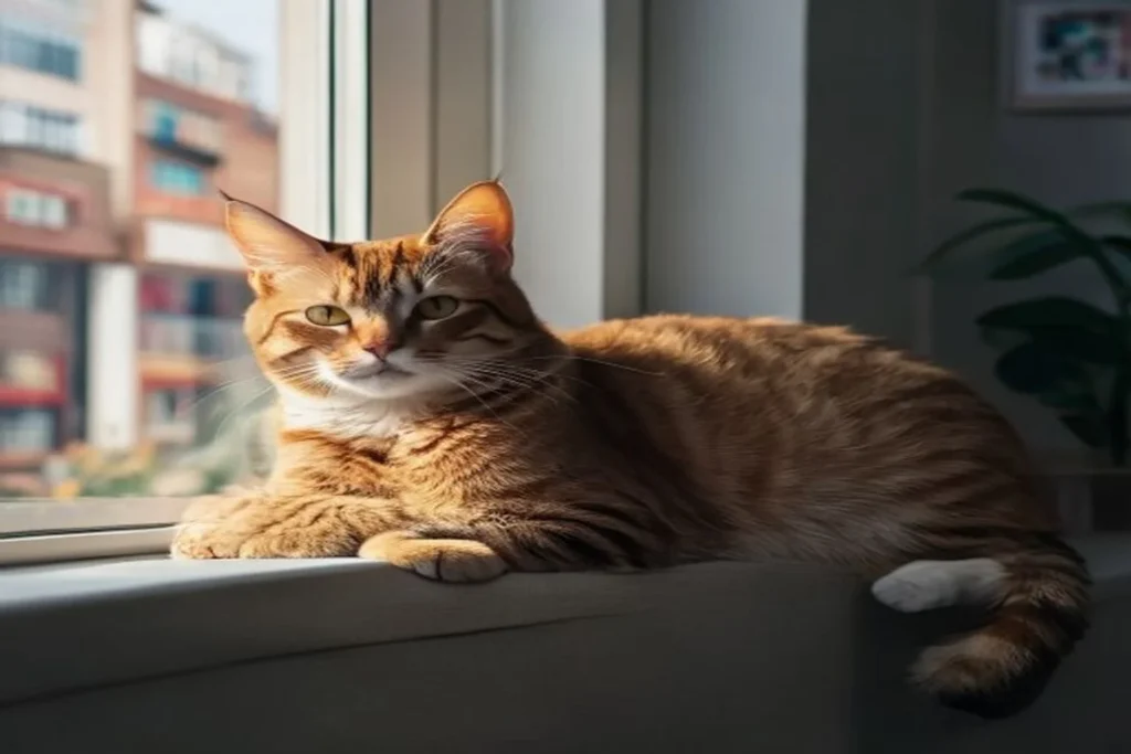 Orange tabby cat relaxing on a window sill in a cozy apartment with natural morning light
