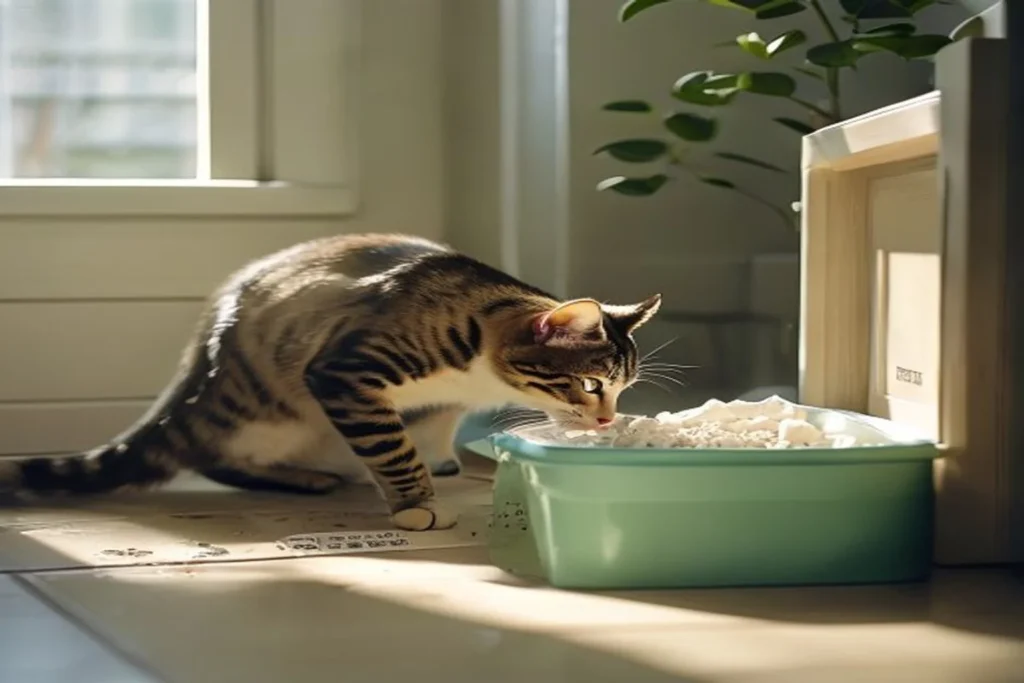 Cat investigating clean litter box in apartment bathroom corner