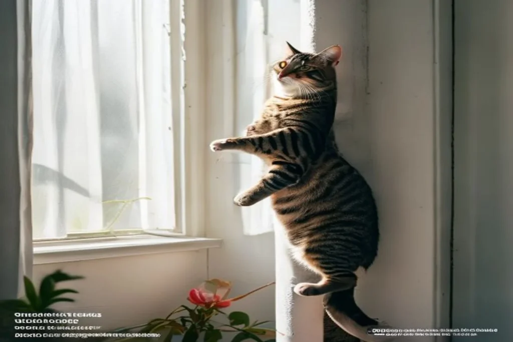 Cat climbing a tall narrow cat tree in a corner of a small bright apartment