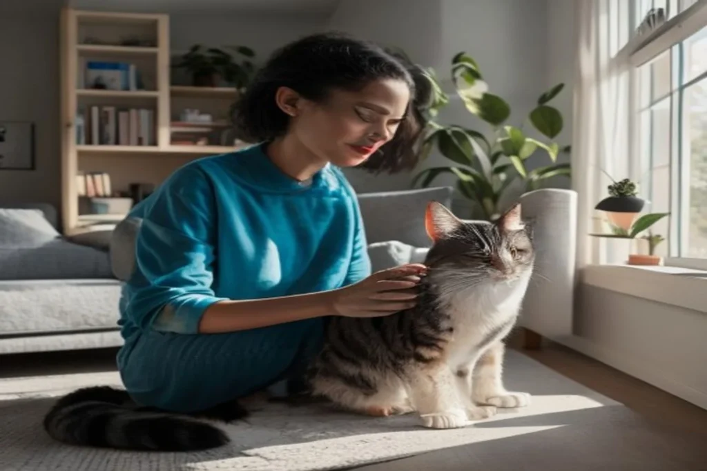 Person gently examining cat at home, cat appears calm and cooperative