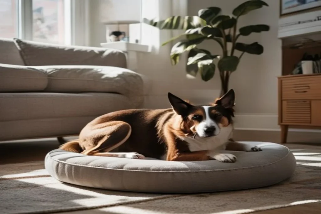 Compact dog bed fitting neatly in apartment corner with dog resting on it