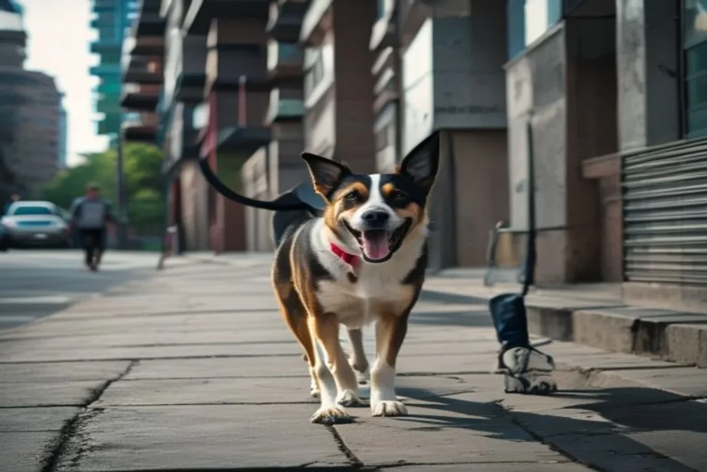 Energetic dog walking on a city sidewalk with apartment building in background