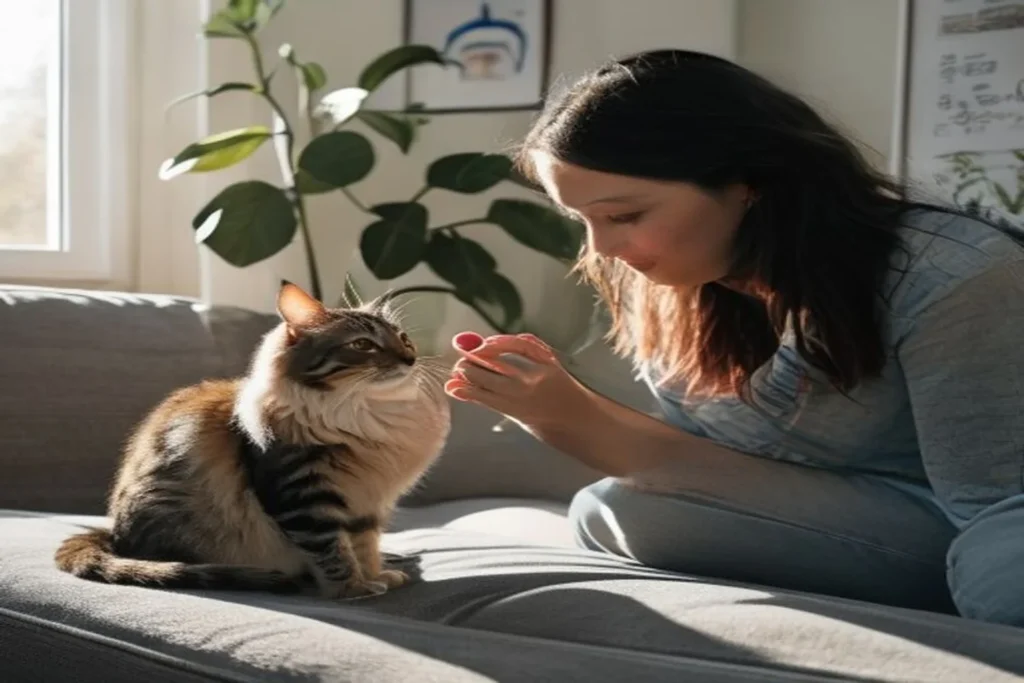 Person gently brushing a calm cat at home on apartment couch
