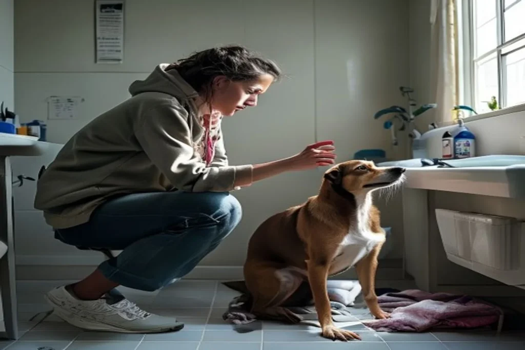 Person brushing dog in apartment bathroom, contained setup