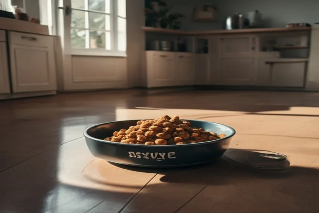 Measured portion of dog food in bowl on kitchen floor with measuring cup nearby