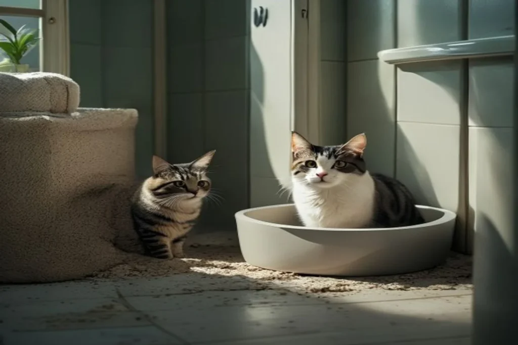 Clean cat litter box in bright apartment bathroom corner