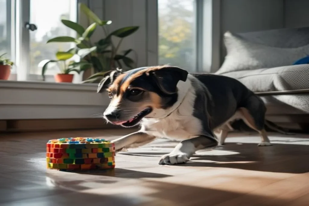 Dog engaged with puzzle feeder toy on apartment floor