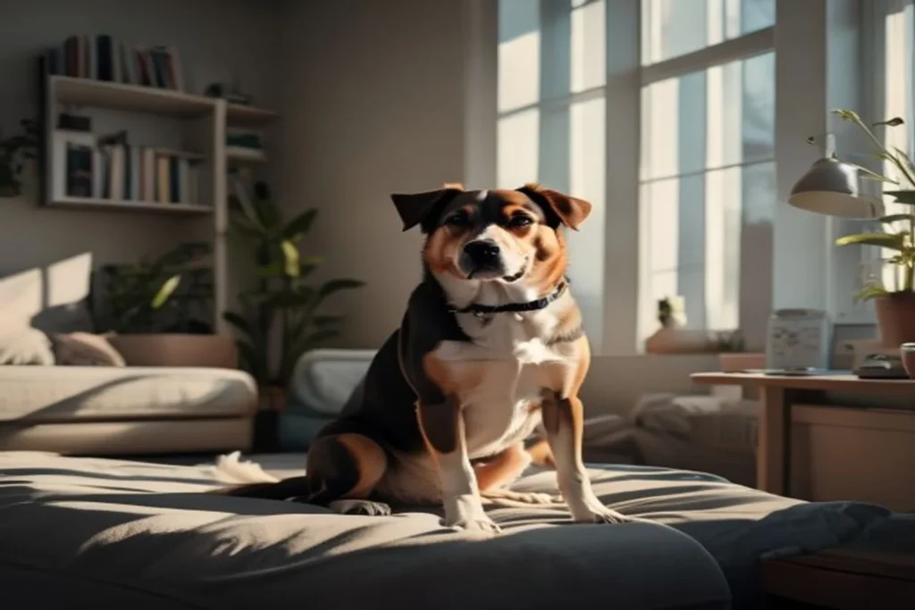Dog sitting calmly in quiet apartment while owner works at desk nearby