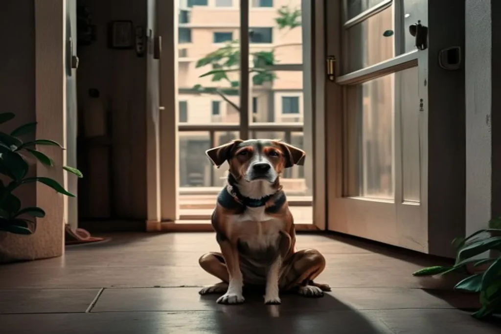 Dog sitting calmly near apartment door after positive departure training