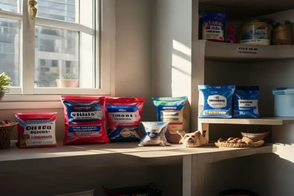 Neatly organized apartment shelf with pet food containers and toy basket