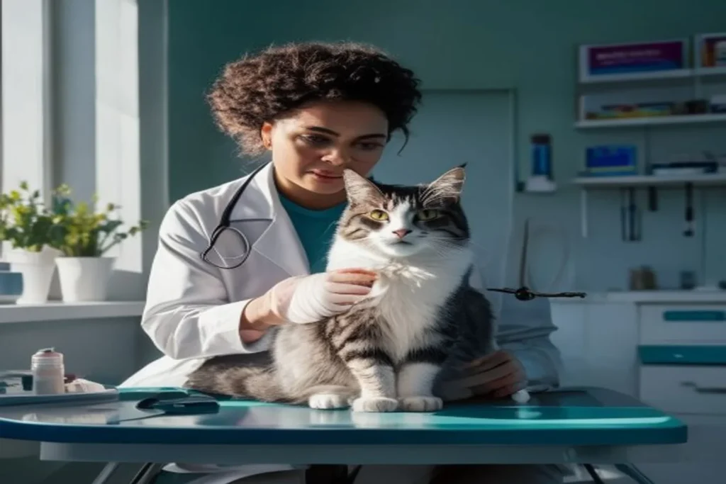 Veterinarian giving vaccine to calm cat in clinic setting