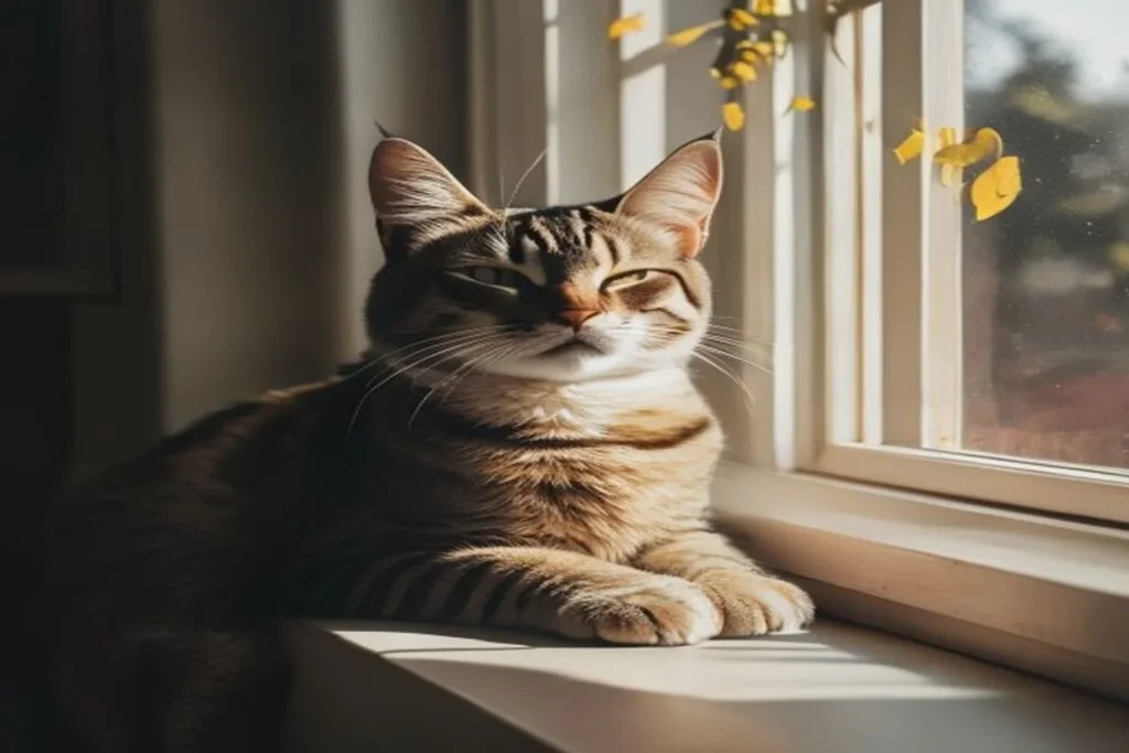 Happy cat slow blinking while lounging in a sunny apartment spot