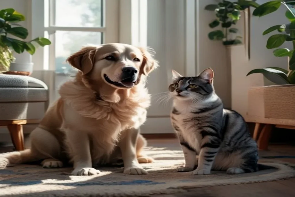 Dog and cat sitting together looking healthy, natural light in cozy apartment
