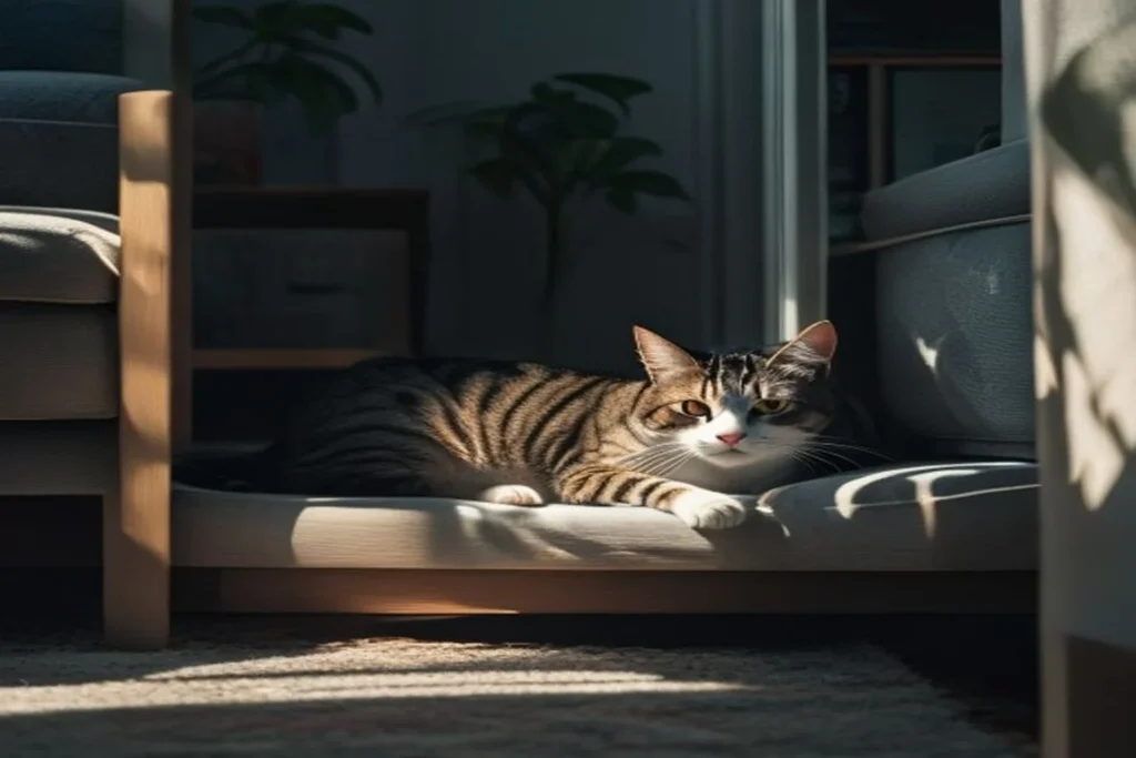 Stressed cat hiding under apartment furniture with tense posture