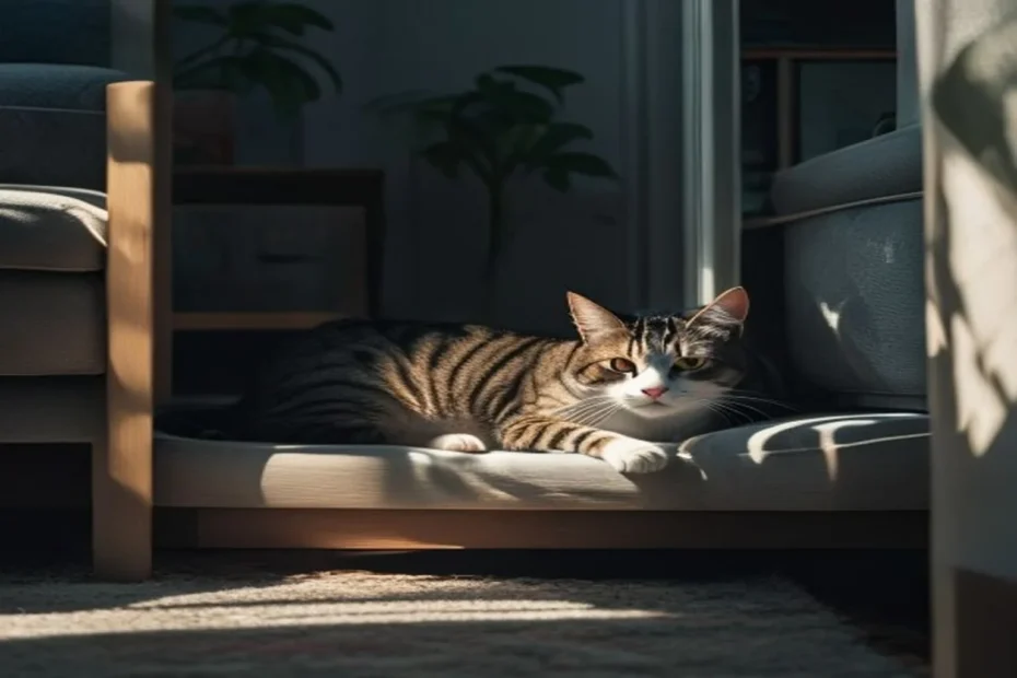 Stressed cat hiding under apartment furniture with tense posture
