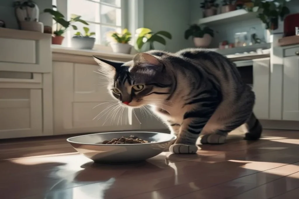 Cat eating from a clean bowl in a bright apartment kitchen, healthy and attentive