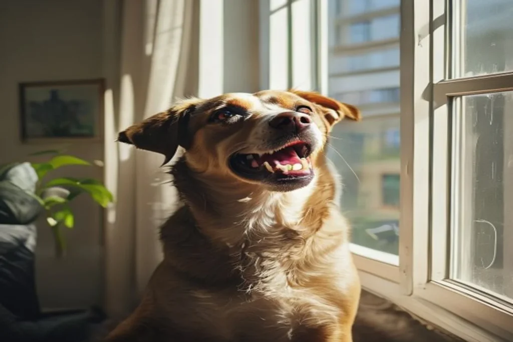 Dog barking alert at apartment window, owner nearby looking calm