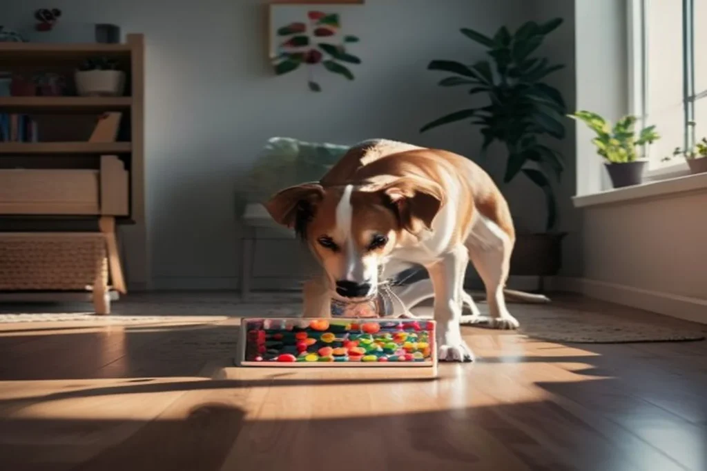Dog deeply focused on a puzzle feeder on apartment floor, mentally engaged with the task, natural daylight