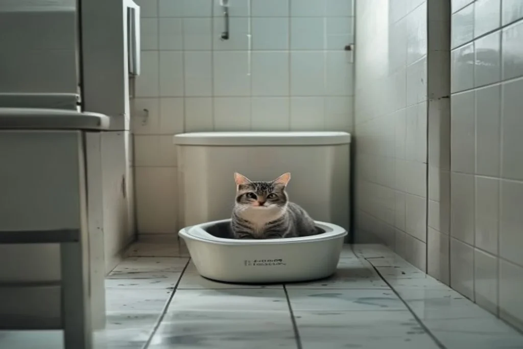 Top-entry cat litter box in a small apartment bathroom corner, clean white tile background, no litter scatter