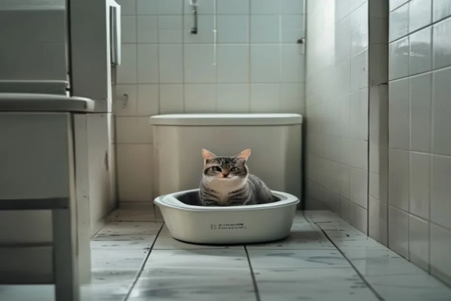 Top-entry cat litter box in a small apartment bathroom corner, clean white tile background, no litter scatter
