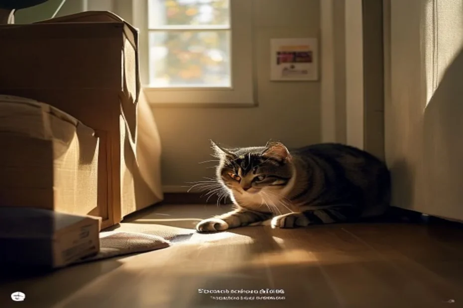 Cat cautiously emerging from under furniture in new apartment with familiar blanket nearby, adjusting to new home