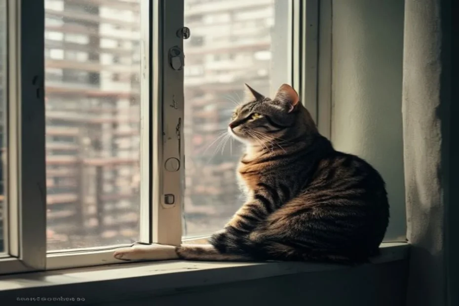 Cat resting on a window perch in a small apartment, watching outside, with vertical cat space nearby