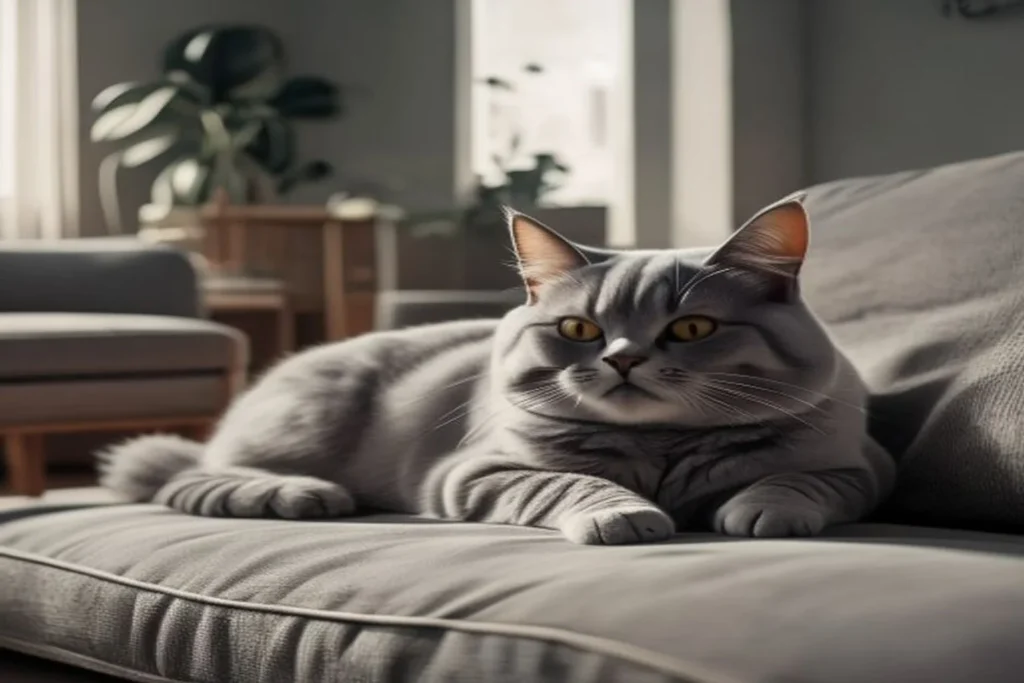 Calm British Shorthair grey cat lounging on a sofa in a cozy small apartment, warm natural light