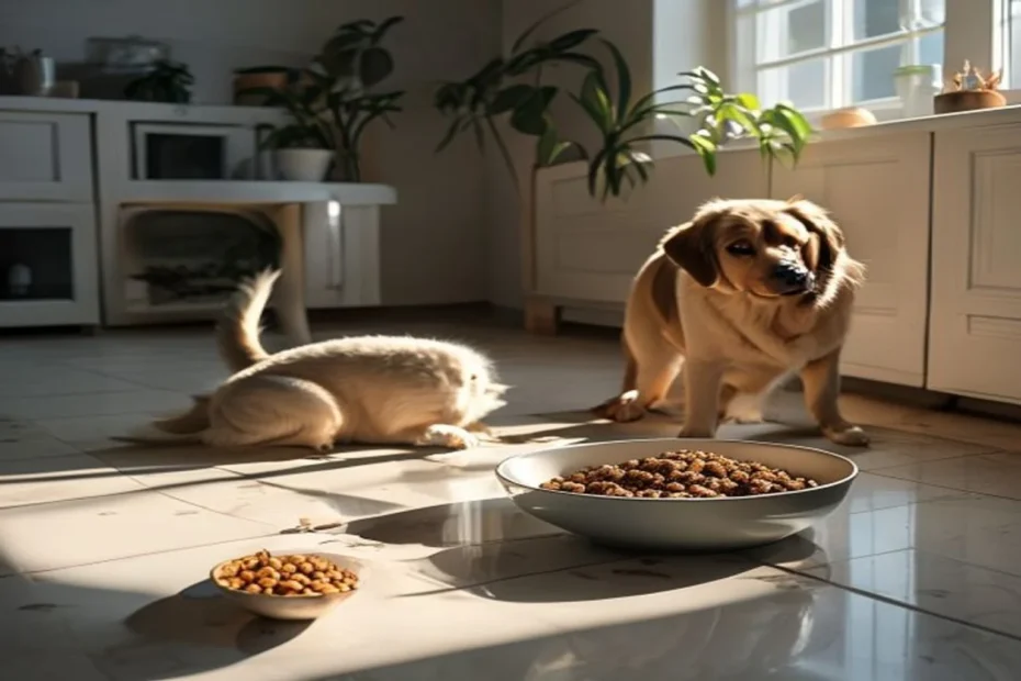 Bowl of dry dog food beside water bowl in a tidy apartment kitchen, simple and practical feeding setup