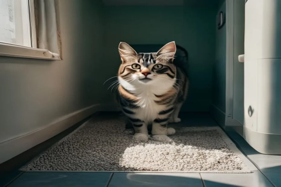 Clean litter box with crystal litter beside a large mat in a small apartment, odor-managed cat care setup