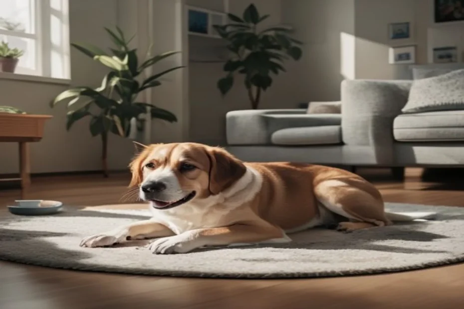 Calm medium-sized dog resting peacefully on a soft rug in a minimalist apartment living room
