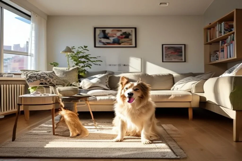 Clean apartment living room with a washable rug and dedicated dog bed in the corner, neutral minimal decor
