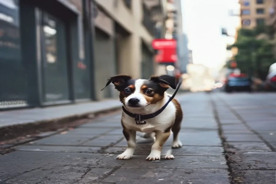 Small dog hesitant on a sidewalk during walk, leash slack, calm urban background