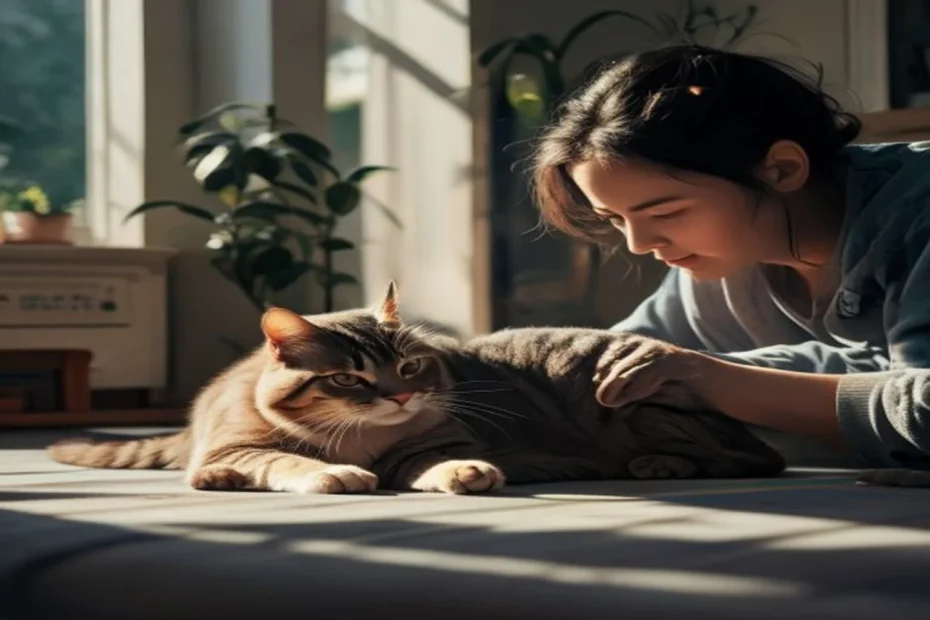 Calm cat being gently examined at home for early signs of illness, peaceful apartment setting