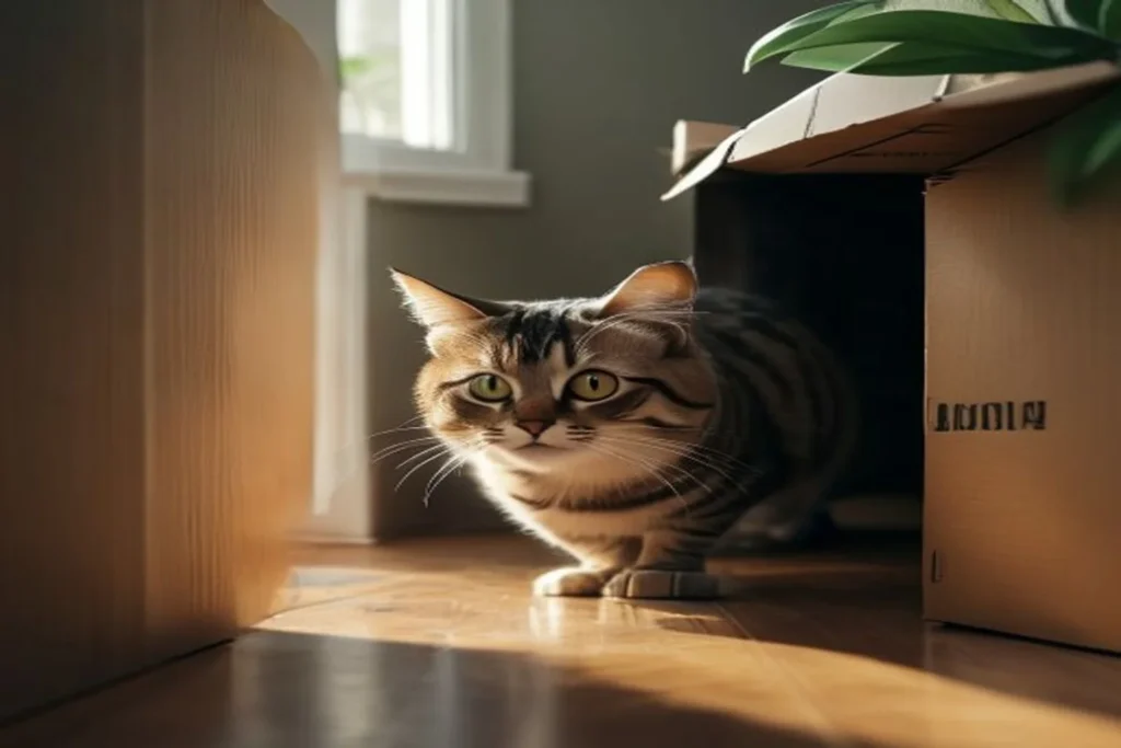 New tabby cat cautiously exploring an apartment, peeking from behind a cardboard box, soft natural light