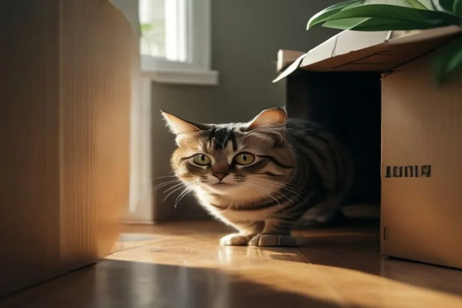 New tabby cat cautiously exploring an apartment, peeking from behind a cardboard box, soft natural light
