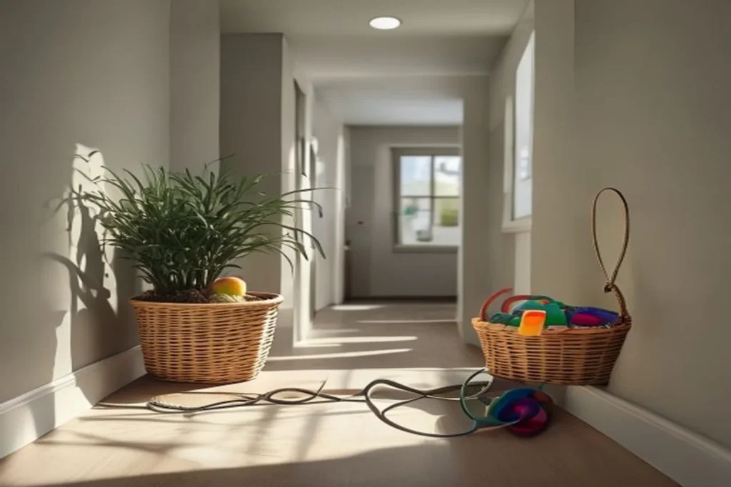Organized apartment entryway with pet leash on wall hook and wicker toy basket, clean and minimal