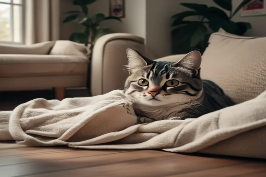 Shy tabby cat peeking out from behind a soft blanket in a cozy apartment corner with warm natural light