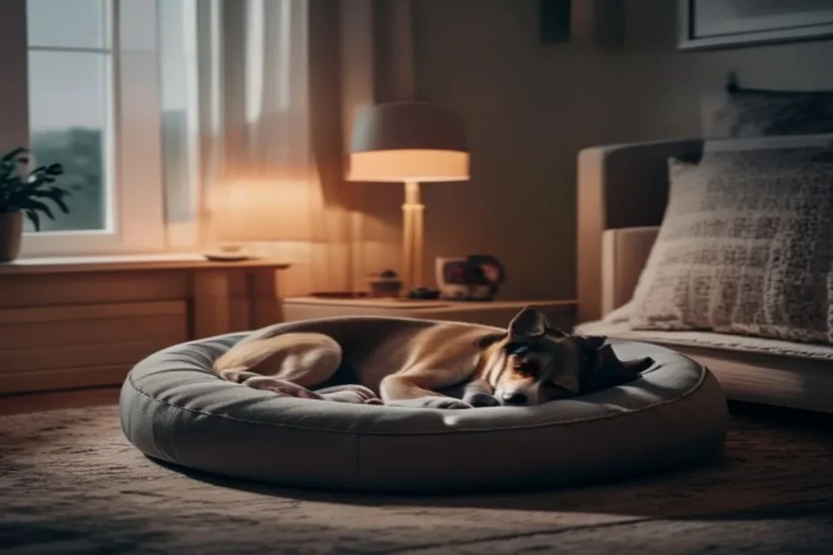Small dog curled up asleep in a round cushioned bed next to a low bedside lamp in a quiet apartment bedroom